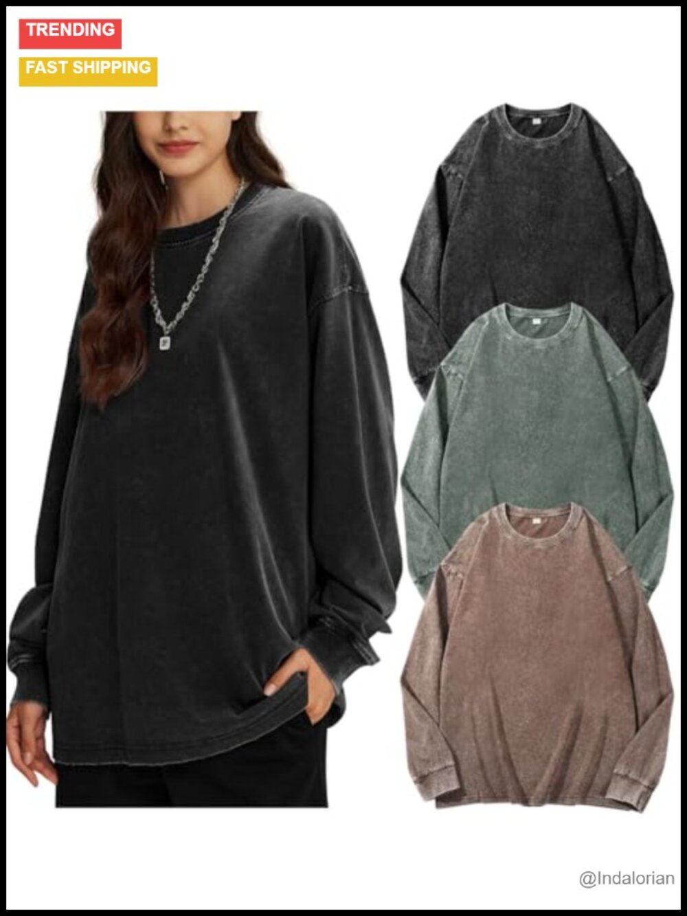 Oversized Long Sleeve T-Shirts 100% Cotton Acid Wash Loose Fit Women's Tees
